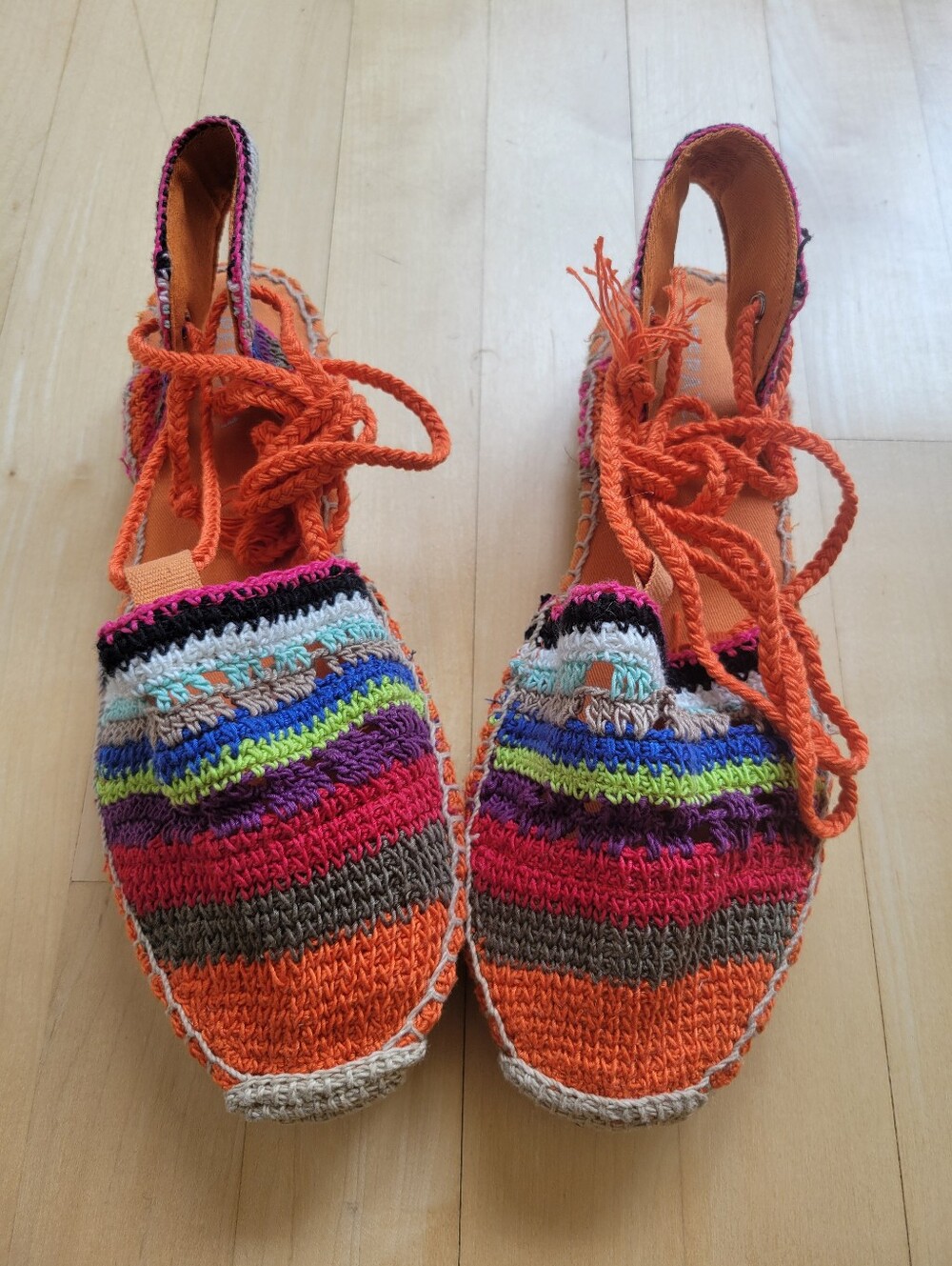 Handwoven Multicolor Crochet Espadrille Sandals - Orange Size US7/EU 38